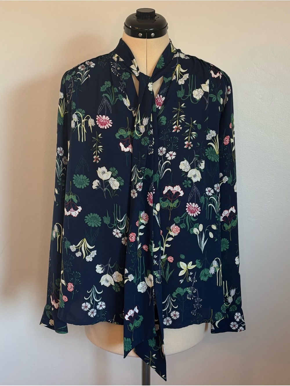 LOFT Navy Multicolor Floral Tie Neck Long Sleeve Blouse, Lightweight Top, S